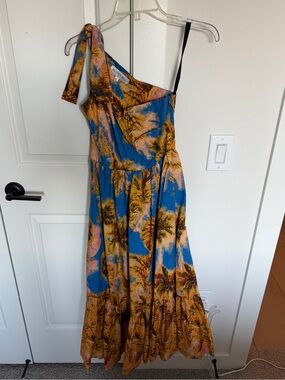 Hunter Bell Blue and Mustard Palm-Print One-Shoulder Dress